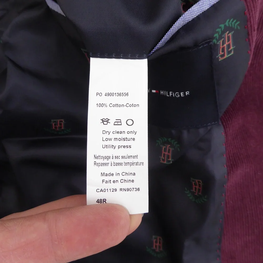 Tommy Hilfiger Mens Corduroy Blazer Sport Coat Maroon Red Elbow Patches 48R